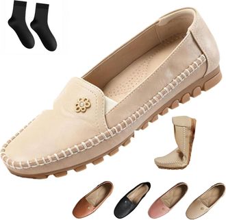 Generic Orthopedic Leather Shoes, Lightweight, Anti-Slip, Breathable for Women Fashion Slip On Stitched Flat-Soled Casual Soft Leather Loafers with Flower (Be