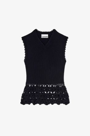 Ganni Black Vest in Cotton Crochet - Size XXS Organic