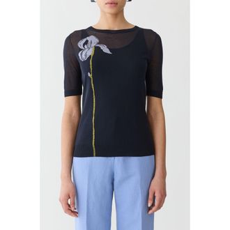 Lafayette 148 New York Iris Intarsia Short Sleeve Finespun Voile Sweater in Ink Multi at Nordstrom, Size X-Small