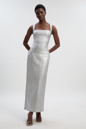 Karen Millen Metallic Strappy Knit Maxi Dress in Silver at Nordstrom, Size Medium