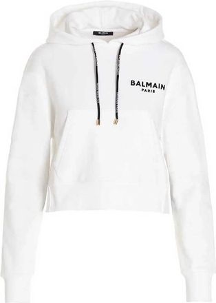 Balmain Cropped Cotton Flock Hoodie, Size Medium