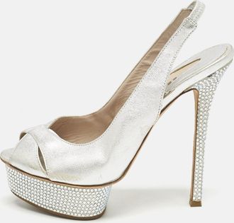 Le Silla Metallic Silver Leather Crystal Embellished Platform Slingback Sandals