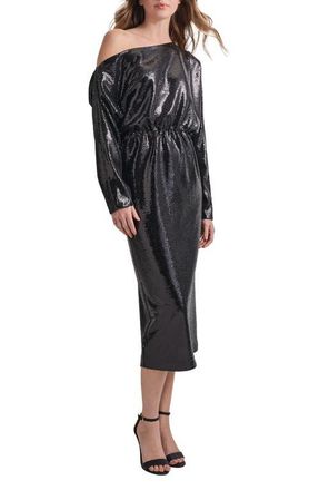 Misook Sequin Novelty One-Shoulder Long Sleeve Dress in Black at Nordstrom, Size Xx-Small