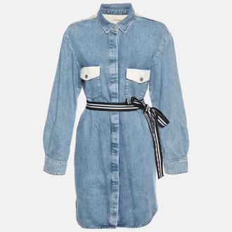 Maje Blue Cotton Belted Denim Midi Dress