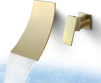 Elle Grifo Mural Tipo Cascada Para Lavabo, Acabado En Oro Cepillado, Ca&ntilde;o Alto Para Facilitar El Lavado, Instalaci&oacute;n R&aacute;pida, Cuerpo De Lat&oacute;n Resistente A L