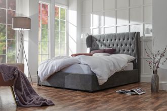GFW Winged Headboard Ottoman Storage Bed in Dark Grey | Size: Double