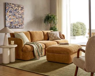 Castlery Ollie Storage Extended Sofa with Ottoman, Mustard Brown, Removable Covers, Gaslift Storage for Living Room