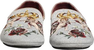 Dolce & Gabbana Mens Gray Crown Rose Angel Embroidery Loafer Shoes Leather