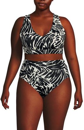 Lands End Chlorine Resistant V-neck Midkini Swimsuit Top and High Leg High Waisted Bottoms 2 Piece Set in Black/egret White Leaf Scroll at