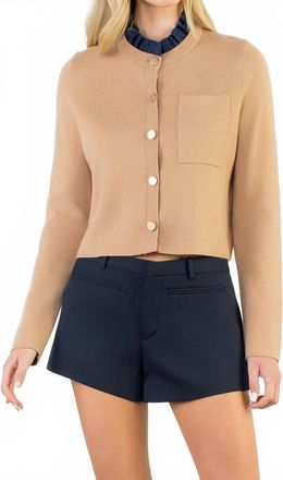 THML Clothing Ruffle Trim Neckline Button Up Cardigan In Beige