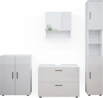 Vicco Conjunto De Muebles De Ba&ntilde;o Irma, Blanco Alto Brillo, 4 Piezas, Con Cajonera Y Mueble Alto, Vicco