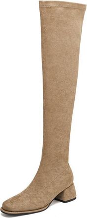 Generic Womens Over-The-Knee Boots Square Toe Block Heel Suede Stretch Soft Lining Cushioned Insole Comfortable Non Slip Daily Casual Shoes,Apricot,4.5 UK