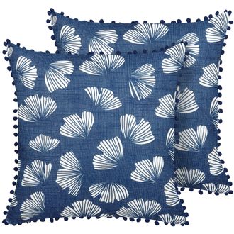 Beliani Conjunto De 2 Cojines De Poli&eacute;ster Azul Blanco 45 X 45 Cm Ginkgo Pompones Dandelion