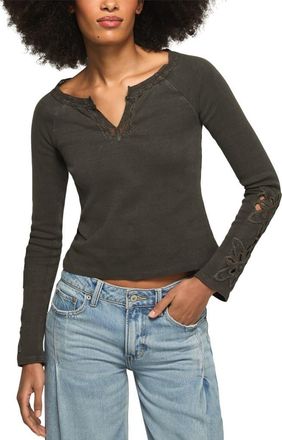 Lucky Brand Lace Trim Notch Neck Rib Henley in Raven at Nordstrom, Size Xx-Large