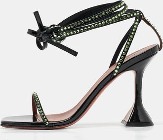 Amina Muaddi Black Patent Leather Crystal Embellished Vita Sandals