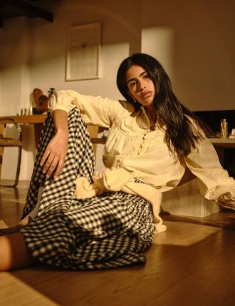 Nobody's Child Butter Yellow Floral Embroidered High Neck Blouse