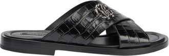 Roberto Cavalli Sliders, male, Black, Size: 8 US Crocodile-Effect Cross-Strap Sandals