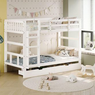 OEM Litera Con Escalera En &Aacute;ngulo Recto, Cama Con Barreras Y Puertas, Cama Infantil, Madera Maciza, Blanca