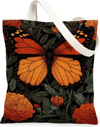 Generic Butterfly Floral Canvas Tote Bags, Vintage Nature Print Reusable Grocery Bags, Autumn Lightweight Washable Shoulder Strap C, Orange, 13x15 Inch