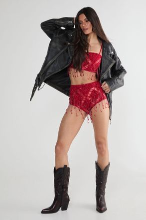 NASTY GAL Womens Diamante Embellished Tassel Beaded Booty Shorts - Red - Size 14 UK