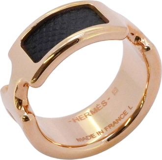 Herm&egrave;s Black Gold Plating Leather Band Ring (Pre-Owned)