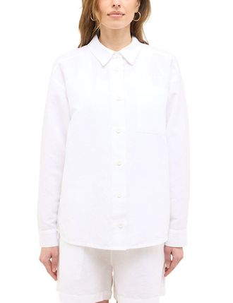 Mustang Langarmbluse MUSTANG Damen Style Willow, Damen, Gr. 36, weiss (wei&szlig; 2045), Web, 75% Baumwolle, 25% Leinen, unifarben, relaxed fit, Blusen Langarmbluse