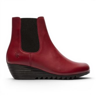 FLY London Dames Bordeauxrode Leren Chelsea-laarzen met wighak - ORFU496