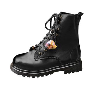 Generic Black Ladies Stylish and Casual Winter High Top Warm Flat Bottom British Style Front Tie Thick Heel Knight Boots for Cold Weather