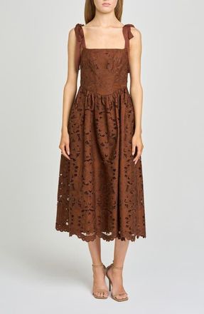 Wayf Kassi Floral Embroidered Tie Shoulder Cotton Midi Dress in Chocolate at Nordstrom, Size X-Small