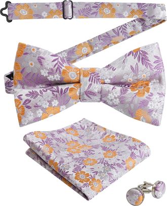 Alizeal Mens Floral Pattern Pre-tied Bow Tie, Pocket Square and Cufflinks Set, Lavender+Orange