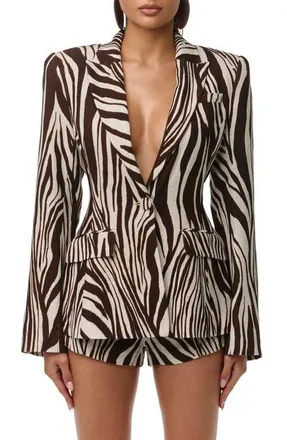 Naked Wardrobe Abstract Animal Print Power Shoulder Blazer in Wild Riviera at Nordstrom, Size X-Small