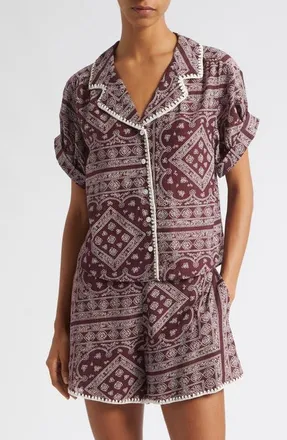 Veronica Beard Ilene Mosaic Print Button Front Crop Top in Raisin Dove at Nordstrom, Size X-Large