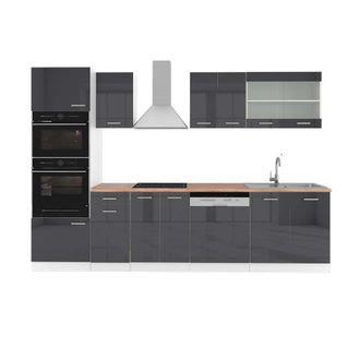 Vicco Mueble De Cocina R-line, Antracita Brillo Intenso/blanco, 300 Cm Con Armario Alto, Et Roble