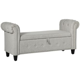 HOMCOM Homcom - Banco De Almacenamiento Puff De Almacenaje Tapizado En Lino Con Tapa De Bisagras Patas De Madera Y Reposabrazos Enrollados 146,5x49x74,5 Cm