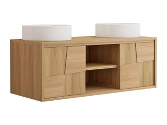 Vente-Unique Mueble de ba&ntilde;o suspendido de teca con lavabo redondo de cer&aacute;mica sobre encimera - An. 120 cm - SUMBAWA