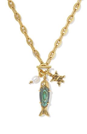 Kendra Scott Parker Fish & Cultured Freshwater Pearl Pendant Necklace in Vintage Gold Abalone Shell at Nordstrom