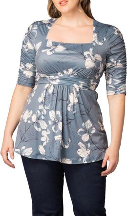Kiyonna Solstice Ruched Sleeve Top in Grey Lily Print at Nordstrom, Size 1X