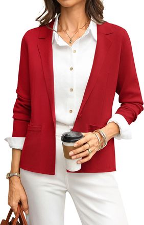Grace Karin Womens Long Sleeve Blazers, Elegant Lapel V Neck Wedding Guest Cardigans, Casual Buttons Work Office Wear with Pockets CL081-04/Red XXL