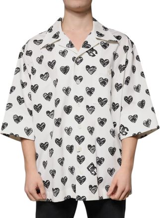 Dolce & Gabbana White Heart Print Short Sleeve Casual Mens Shirt