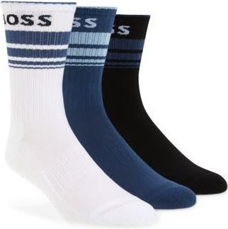 BOSS 3-Pack Logo Stripe Ribbed Crew Socks in Blue Multi at Nordstrom Rack, Size 7-13