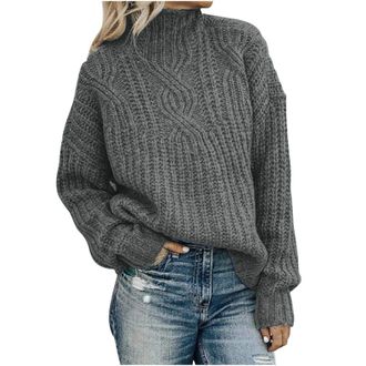 Generic Yolimok Ladies Jumpers Mock Neck Cable Knit Sweater Oversized Crew Neck Chunky Knit Jumper Womens Jumpers Casual Daily Wear Sweater Fashion Stretchy D