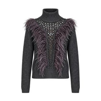 Nenette Turtleneck trui met veren en opengewerkt patroon - Dames - Truien - Zwart - Maat: S Wol