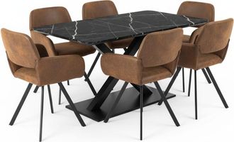 Urban Meuble Mesa de comedor con efecto m&aacute;rmol negro y 6 sillas giratorias marrones