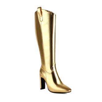 Generic Womens Square Pointy Toe Knee High Boots PU Leather Long Boot with Side Zipper Block High Heel Party Prom Shoes,Gold,7.5 UK