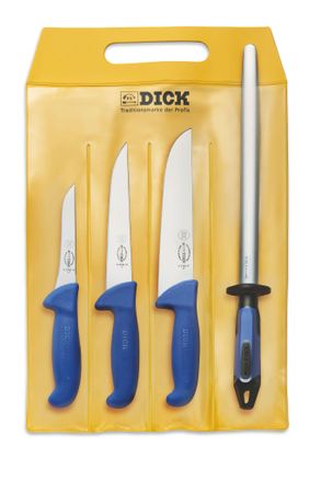 F. Dick Juego De Cuchillos Ergogrip De 4 Piezas (cuchillo Para Deshuesar estrecho De 13 Cm, Cuchillo Para Perforar 18 Cm, Cuchillo Para Bloques, 21 Cm, Acero 