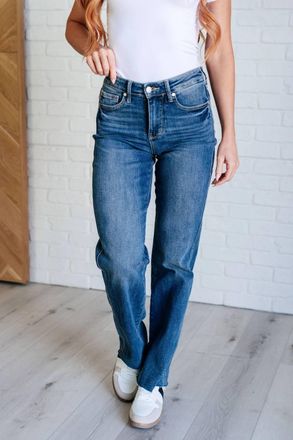 Judy Blue Mid Rise Tummy Control Vintage Raw Hem Straight Leg Jeans In Medium Wash