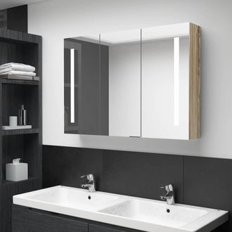 Berkfield Home LED Bathroom Mirror Cabinet 89x14x62 cm Oak in Light Tan | Size: 89 x 14 x 62 cm