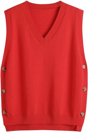 Generic Womens Sleeveless Jumpers Plus Size Stylish V-Neck Knitted Vest with Button Detail Casual Loose-Fit Sweaters Pullover Fall Winter Warm Knit Tank Tops 
