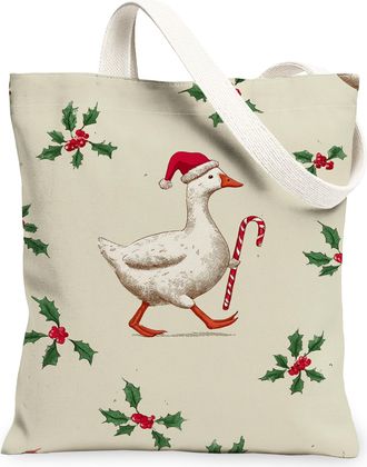 Generic Christmas Duck Canvas Tote Bags, Holiday Floral Pattern Reusable Shopping Bags, Vintage Lightweight Washable Shoulder Strap, Cream, 13x15 Inch