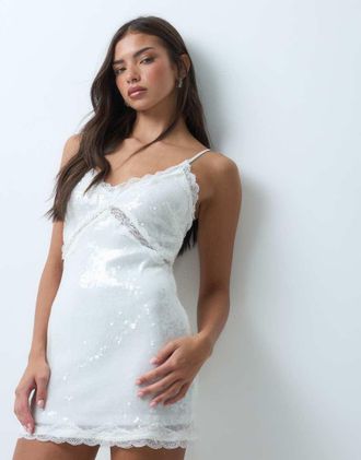 the frolic abito mini con spalline sottili e rifiniture in pizzo con paillettes, bianco